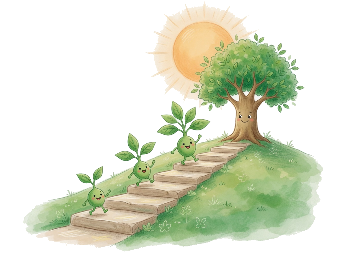Storybook illustration of a sprout climbing stone steps and growing into a tree
