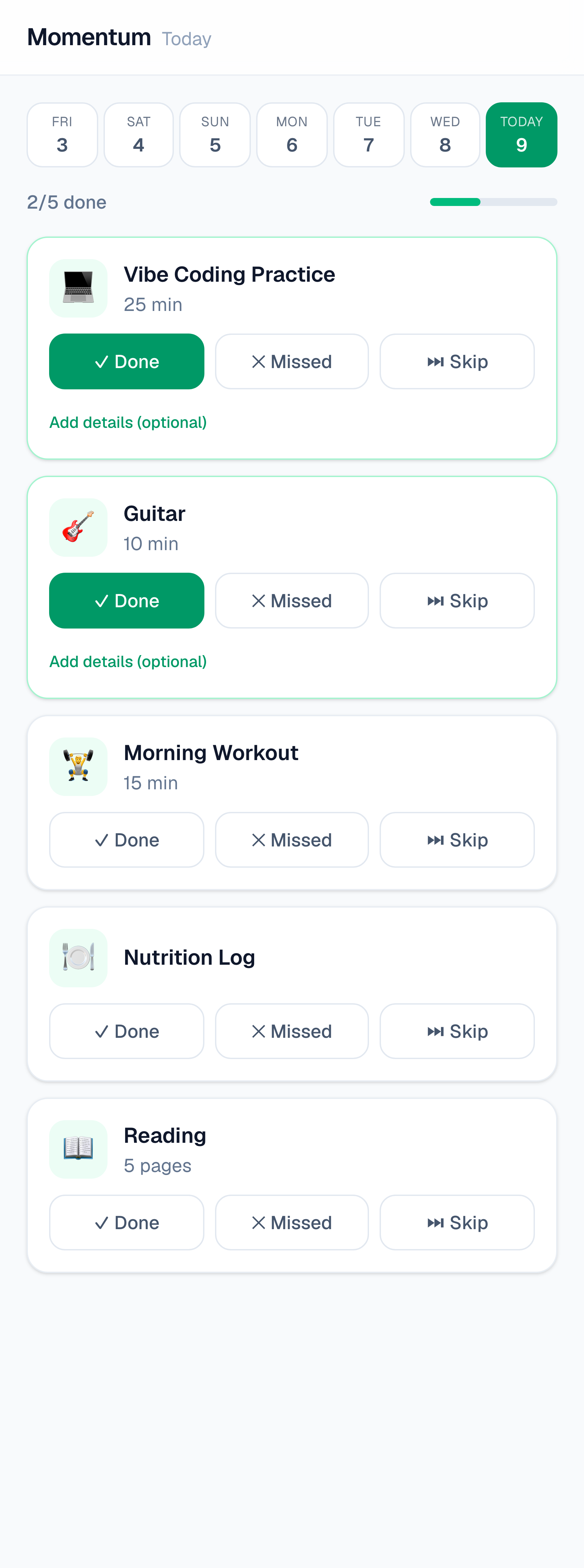 Momentum Today screen with one-tap habit check-ins
